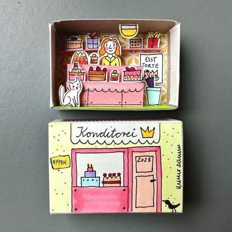 Cute Construction Paper Crafts, Matchstick Box Craft, Matchbox Art Diy, Small Box Diy, Cute Art Gifts, Kate Made Art, Matchbox Diy, Weird Crafts, Matchbox Gift