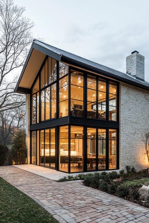 A two story modern glass house forms the central atrium supported by a black steel frame. The gabled grey metal roof and floor to ceiling windows. Check out all of these stunning glass houses that are designed to let nature in and vice versa. These are dream retreats! Black Metal Windows Exterior, Grey Metal Roof, Metal Frame House, Glass Atrium, Central Atrium, Modern Glass House, Glass House Design, Rustic Wooden Coffee Table, Glass Conservatory