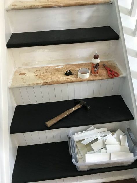 Repurpose your old blinds for his staircase upgrade. Budget friendly way for a home improvement project idea.  #diy #staircase #makeover Stairs Makeover Ideas, Basement Steps, Stairs Renovation, Diy Wainscoting, Diy Staircase, Stairs Makeover, Staircase Makeover, Stair Remodel, Wood Wall Art Diy