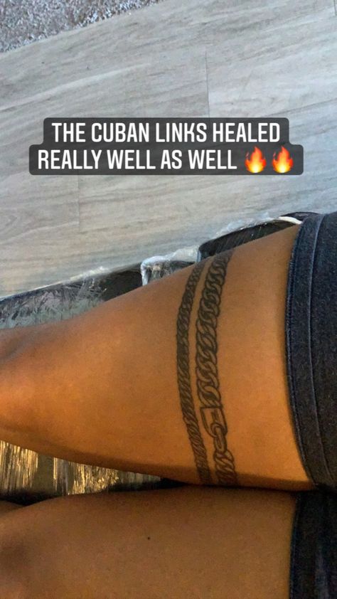 Chain Around Leg Tattoo, Garter Tattoo Black Women, Chain Leg Tattoo, India Love Thigh Tat, Thigh Bracelet Tattoo, Chain Link Tattoo For Women, Chain Tattoo Thigh, Thigh Chain Tattoo, Cuff Tattoo For Women