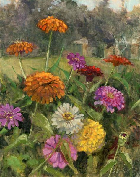 Acrylic Zinnia Paintings, Paintings Of Zinnias, Zinnia Flower Painting, How To Paint Zinnias Acrylic, Painted Zinnias, Zinnia Aesthetic, Painting Zinnias, Zinnias Painting, Watercolor Zinnias