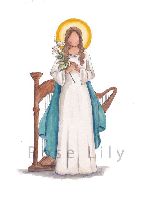 Saint Cecilia, the patron saint of musicians Saint Portrait, Saints Painting, Catholic Watercolor, Saint Cecilia, St Cecilia, Catholic Wallpaper, Santa Cecilia, Mama Mary, Cartoon Painting