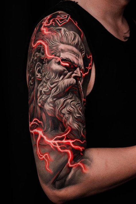 Zeus Arm Tattoo, Zeus Lightning Tattoo, Zues Tattoo Forearm, Zues Tattoo Mythology, Tattoo Hombre Brazo, Zeus Tattoo Design, Exodus Tattoo, Angel Sleeve Tattoo, Shading Tattoo