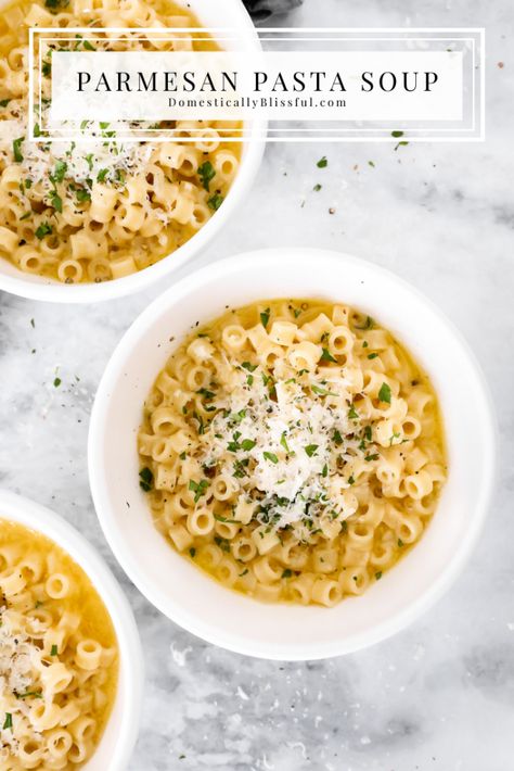 This Parmesan Pasta Soup is a cozy vegetarian soup recipe that is made with only 5 ingredients! Cozy Parmesan Pasta Soup, Parmesan Noodle Soup, 5 Ingredient Or Less Soup Recipes, Fun Homemade Dinner Ideas, Gnocchi Soup Recipes Vegetarian, Easy Meatless Soup Recipes, Garlic Parmesan Soup, Quick Easy Soups For Dinner, Simple Ingredient Soup