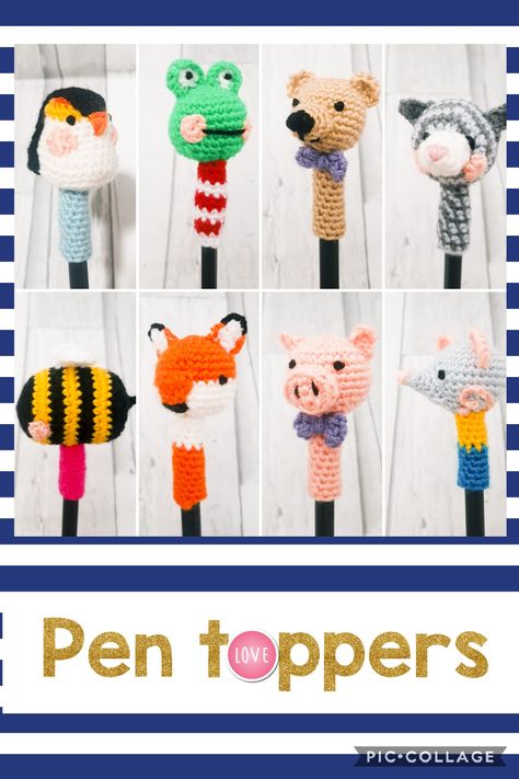 Pen Topper Crochet, Crochet Pen Toppers, Crochet Pencil Toppers Free Pattern, Crochet Pens, Crochet Pencil Toppers, Crochet Keyring, Crochet Pencil, Finger Puppet Patterns, Pen Toppers