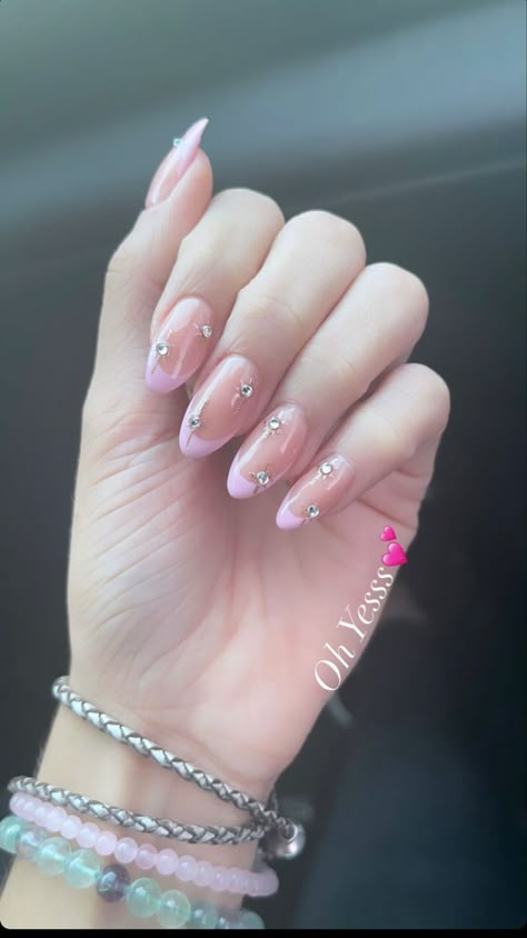 Pink French Rhinestone Nails, Light Pink French Tip With Rhinestones, Pink French With Diamonds, Colorful Nails With Rhinestones, Pink French Acrylics, Acrylics With Rhinestones, Pink Rhinestone Nails, Pink Gem Nails, Wedding Gel Nails