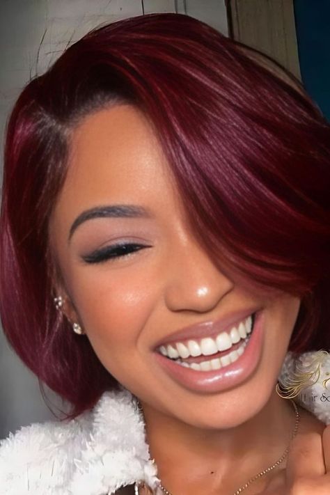 Burgundy Bixie Cut Short Bob Burgundy Hair, Burgundy Highlights Black Women, Burgundy Hair With Blonde, Burgundy Bob Hair, Burgundy Bob Black Women Natural Hair, Burgundy Short Hair Black Women, Maroon Short Hair, Burgundy Hair Bob, Short Burgundy Hair Bob