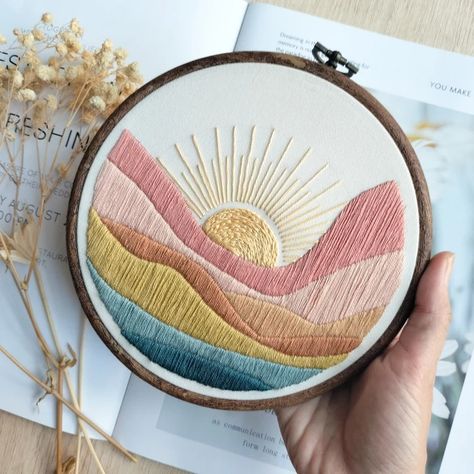 Mountain and sun Embroidery PDF Pattern with video tutorials for Beginner Modern easy funny design digital download - Etsy Portugal Easy Applique Patterns, Sun Embroidery Pattern, Mountain Embroidery Pattern, Dye Wallpaper, Sun Embroidery, Nature Embroidery, Embroider Ideas, Slime Rancher, Random Crafts