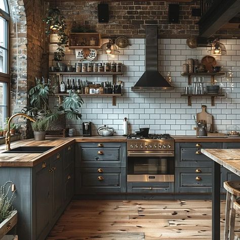 Lush Luxe Life | ~ Industrial Series 1/3 ~ Industrial design might seem like a cold and utilitarian style with the use of metal and unpolished finishes.… | Instagram Gothic Industrial Interior Design, Kitchen Industrial Style, Industrial Farmhouse Kitchen, House Moodboard, Gothic Kitchen, Wood And Gold, Industrial Style Kitchen, Industrial Aesthetic, Industrial Interior Design