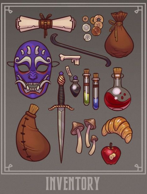 Witch Items Drawing, Dnd Items Art, Fantasy Objects Magic, Vampire Items, Useless Magical Items Dnd, Fantasy Items Art, Magical Props Concept Art, Mundane Magic Items Dnd, Props Illustration