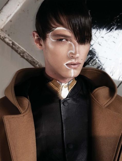 NEW WAVE (August Man) Futuristic Hairstyles, Steampunk Makeup, Mens Beauty, Futuristic Makeup, F Men, Punk Makeup, High Fashion Makeup, Face Art Makeup, Editorial Hair