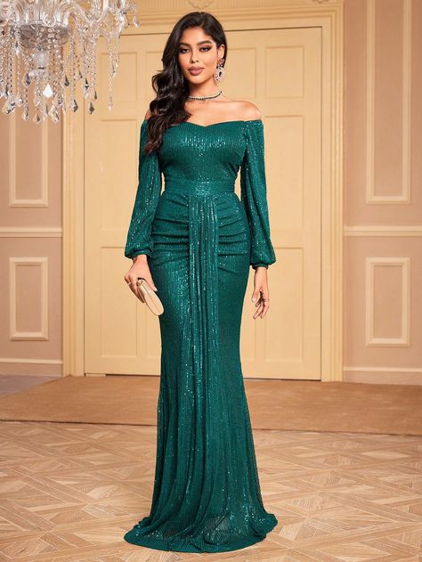 Vestidos Color Verde, Damask Styles, Sequin Formal Dress, Prom Long, Clive Christian, Sequin Prom Dress, Formal Party, Lantern Sleeve, Lantern Sleeves