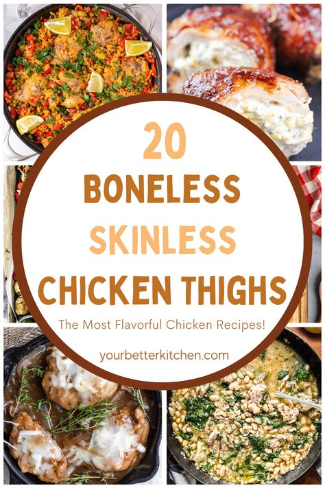 From lemony Greek chicken thigh stew to chicken and chorizo paella, you'll want to make each of these 20 Boneless Skinless Chicken Thighs! Boneless Skinless Chicken Thigh Dinner Recipes, Quick Boneless Skinless Chicken Thigh Recipes, Cheap Chicken Thigh Meals, Healthy Boneless Skinless Chicken Thigh Recipes Crockpot, Good Chicken Thigh Recipes, Boneless Skinless Chicken Thigh Recipes Easy Weeknight Meals, Slow Cooker Recipes For Boneless Skinless Chicken Thighs, Blsl Chicken Thigh Recipes, Light Chicken Thigh Recipes