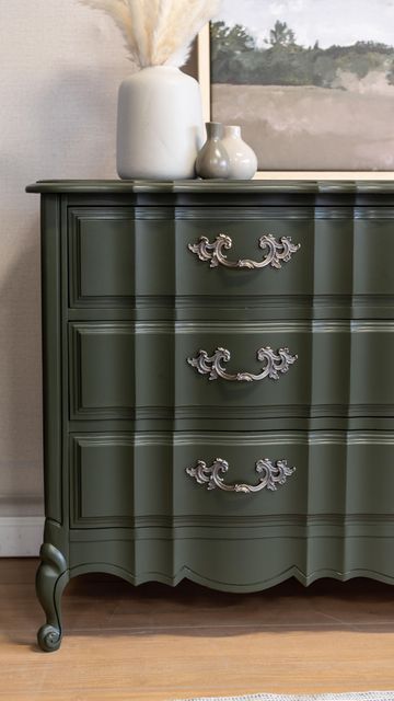 Deep Green Painted Furniture, Moss Green Painted Furniture, Grey Green Furniture Paint, Dark Green Dresser Bedroom, Dark Green Furniture Paint, Dark Green Painted Furniture, Forest Green Furniture, Green Chalk Paint Furniture, Fluted Credenza