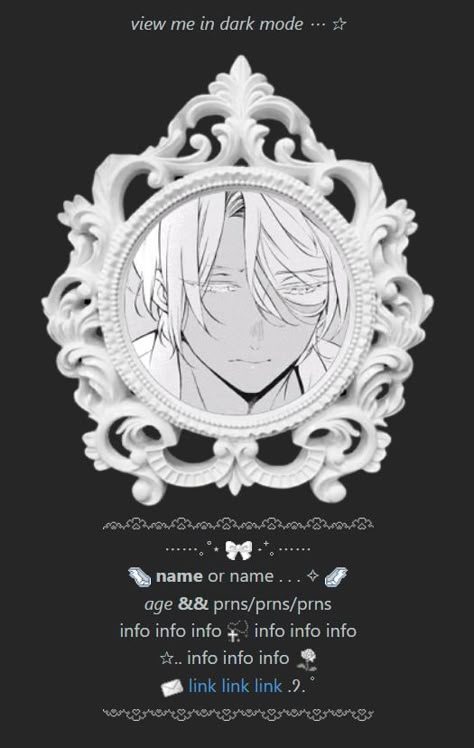 free rentry template (dark mode) of noe from vanitas no carte. click image for the link! PLS DONT REMOVE CREDIT. feel free to make suggestions/requests who i make next but no promises. Rentry Template, No Promises, Vanitas No Carte, Dark Mode, Instagram Bio, Fluttershy, Photo Archive, Cool Watches