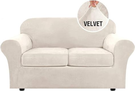 Amazon.com: H.VERSAILTEX Real Velvet Plush 3 Piece Stretch Sofa Covers Couch Covers for 2 Cushion Couch Loveseat Covers Width Up to 72 Inch Feature Thick Soft Stay in Place (Medium Sofa, Ivory) : Home & Kitchen Velvet Couch Cover, Luxury Couch, Plush Furniture, Loveseat Covers, Cushion Couch, 3 Piece Sofa, Sofa Slipcovers, Velvet Couch, Loveseat Slipcovers