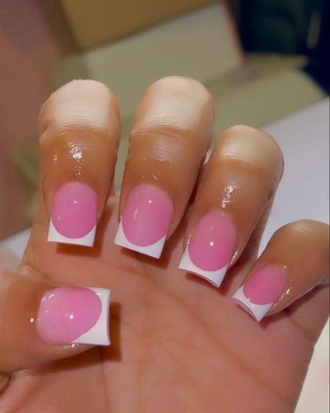 Short Pink On Pink French Tip Nails, White And Pink Nails French Tips, Short Unique Acrylic Nails, Short Pink Acrylic Nails French Tips, Pink Acrylic With White Tip, Short Acyrilics Nails Square, White With Pink French Tip, Simple Shorties Nails, Pink Powder French Tip Nails