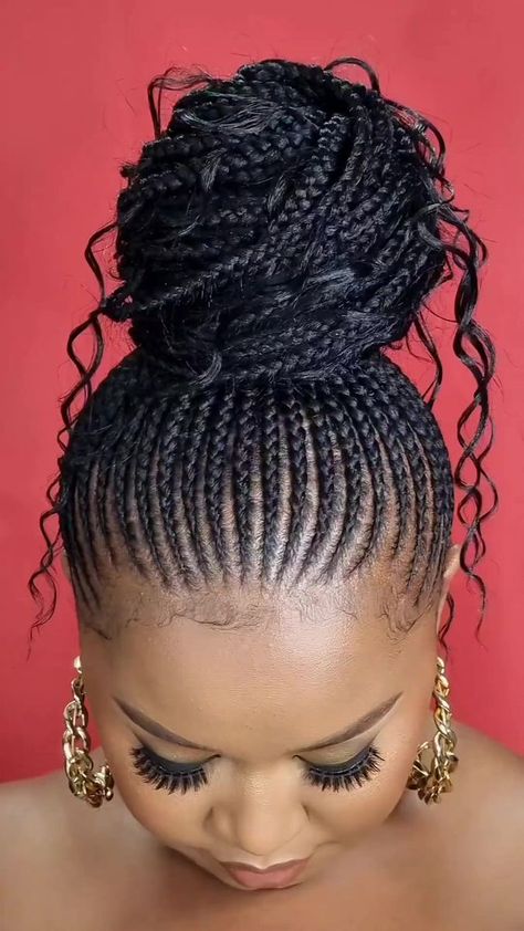 Cornrow Hairstyle, Nails and Makeup by @beautyspaceke 📍Jewel Complex next to TRM 0718 022 002 📍Nextgen Mall along Mombasa Road 0705 347 441 | Latest Ankara Fashion Styles | Mark Duggan & Louis Simão · Secawan Ghanian Braids Cornrows Latest, Cornroll Ponytail Hairstyles, Spanish Style Hairstyles, Plait Braids For Black Women, Ghanian Hair Styles, Cornrow Buns For Black Hair, African Hair Braiding Styles Cornrows Natural Updo, Updo Braid Styles For Black Women, Spanish Braids Hairstyles Kenya