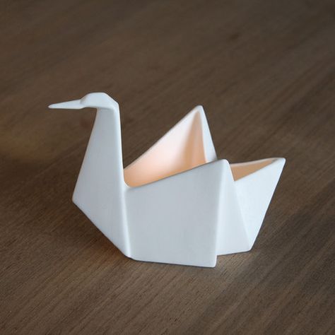 Origami Swan Tea Light Holder  Credit: www.designlifeshop.com.au Pottery Origami, Origami Pottery, Ceramic Origami Bowl Template, Slab Lantern Ceramics, Raku Candle Holder, Origami Swan, Marble Decor, Science Activities For Kids, Slab Pottery