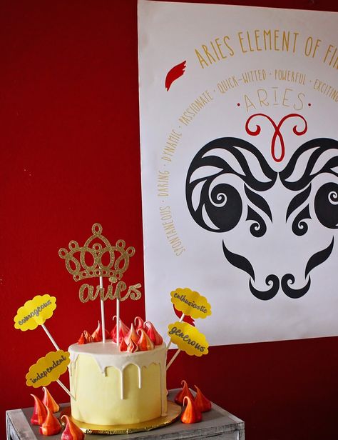 Aries, sign of the zodiac birthday party by Fizzy Party Aries Themed Birthday Party, Aries Birthday Party, Aries Party, Zodiac Birthday Party, Zodiac Party, Aries Queen, Ice Cream Parlor Party, 33 Birthday, Queen Cake