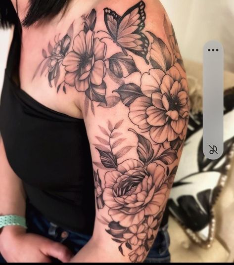 Butterfly With Flowers Tattoo, Shoulder Sleeve Tattoos, Sunflower Tattoo Shoulder, Feminine Tattoo Sleeves, Cross Tattoos For Women, Mom Tattoo Designs, Beautiful Flower Tattoos, Tattoos For Women Half Sleeve, Upper Arm Tattoos