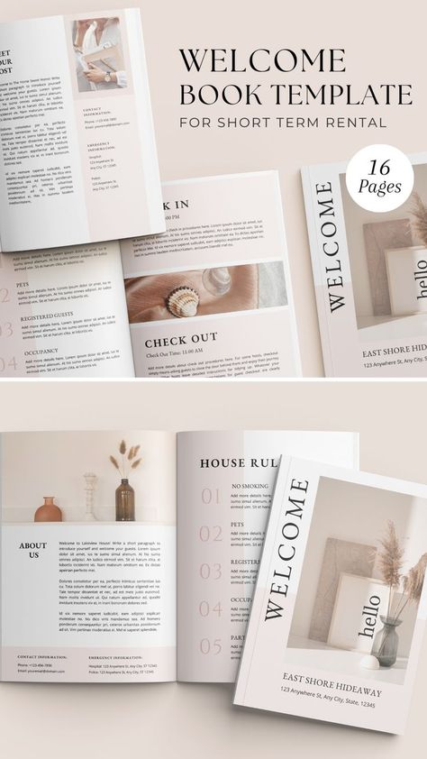 Are you looking for an easy and professional way to create your Airbnb welcome book? Use this book template to welcome your guests and provide them with all the essential information they need to know about the property! Airbnb Welcome Book Template, Airbnb Welcome Book, Book Guide, Ebook Design, Book Templates, Air Bnb, Marketing Branding, Book Template, Holiday Rental