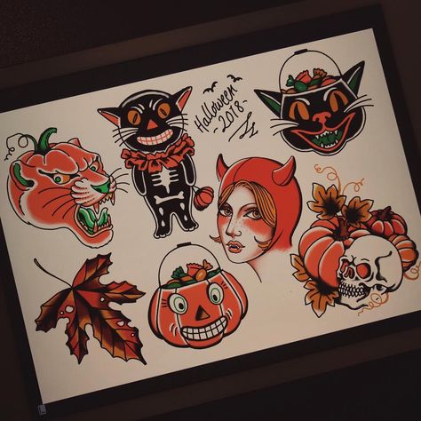 Halloween tattoo flash sheet Traditional Halloween Cat Tattoo, Vintage Jackolantern Tattoo, Halloween 3 Season Of The Witch Tattoo, Pumpkin Trad Tattoo, Traditional Autumn Tattoo, Halloween Tattoo Traditional, Vintage Halloween Tattoo Ideas, Traditional Tattoos Halloween, Cat Halloween Tattoo