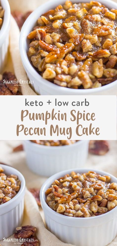 This keto mug cake is made with a mix of almond flour and coconut flour. Super moist texture with real pumpkin and crunchy pecans flowing throughout. It's not only healthy but super easy to make. Mug Cake Low Carb, Low Carb Mug Cakes, Keto Mug, Pecan Pumpkin, Keto Cupcakes, Low Carb Backen, Healthier Meals, Light Food, Pumpkin Spice Recipe