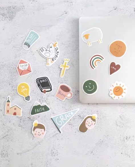 Christian stickers - Stickers Photography Ideas, Product Photography Stickers, Sticker Product Photography, Christian Sticker Ideas, Stickers Photoshoot, Sticker Photoshoot, Christian Stickers Aesthetic, Christian Stationary, Sticker Photography