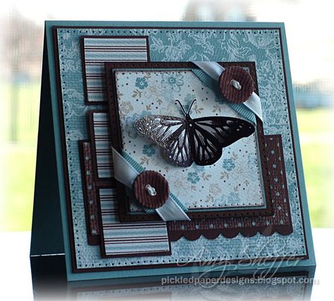 love the blue and browns Spellbinders Dies, Chocolate Card, Pink Chocolate, Designer Paper, Paper Designs, Making Greeting Cards, Butterfly Cards, Card Patterns, Card Making Inspiration