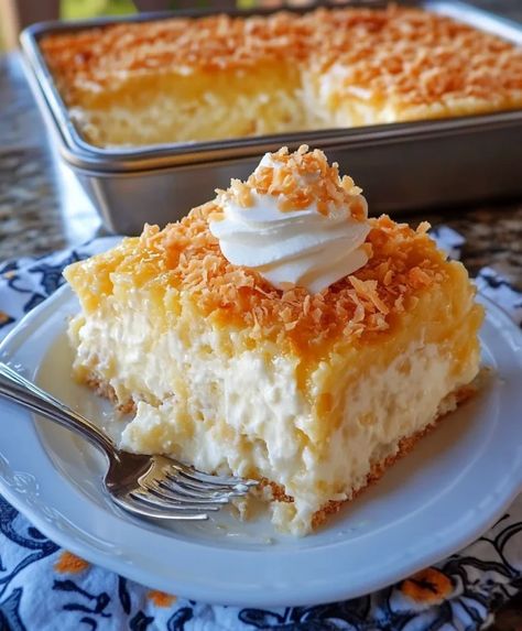 Pioneer Woman Coconut Pudding, Mockingbird Cake Recipes, Coconut Snowball Cake, Easy Desserts To Travel With, Pineapple Coconut Dream Dessert, Tropical Dump Cake, Light And Fluffy Dessert Recipes, Coconut Trifle Desserts, Coconut Dream Cake