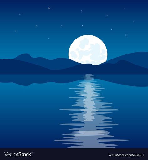 Moon Reflection On Water Drawing, Water Illustration Vector, Water Reflection Illustration, Water Reflection Light, Moon In Water, Water Reflection Art, Painting Idea For Beginners, Moon Over Water, Water Vector