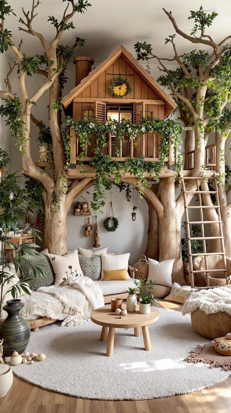 Boho Playroom Ideas Indoor Treehouse Playroom, Playroom Ideas For Older Kids, Boho Playroom Ideas, Boho Treehouse, Rustic Treehouse, Wildflower Mural, Boho Playroom, Playroom Idea, Rainbow Mural