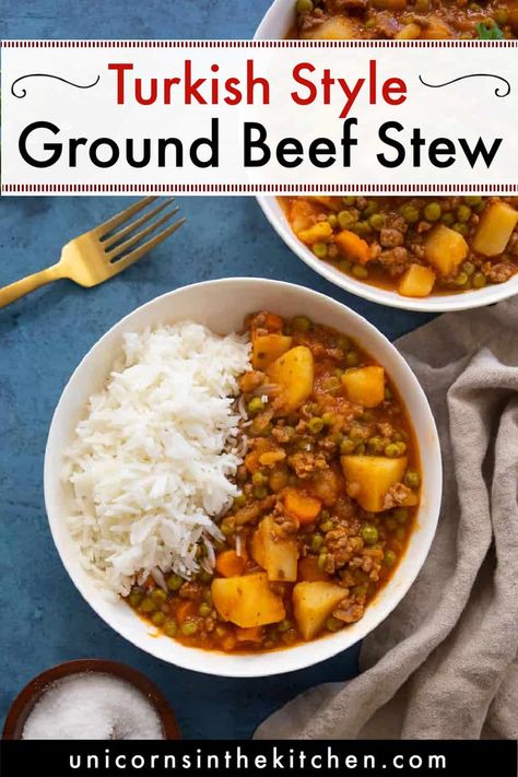 This Turkish style ground beef stew is hearty and perfect for a weeknight dinner. Packed with vegetables and spices, this stew can be served on its own or with some rice, bread or a side salad. Turkish Minced Beef, Turkish Stew Recipes, Minced Beef Stew, Turkish Ground Beef Recipes, Turkish Beef Stew, Minced Veal Recipes, Ground Beef With Vegetables Recipes, Turkish Beef Recipes, Ground Beef And Feta Recipes