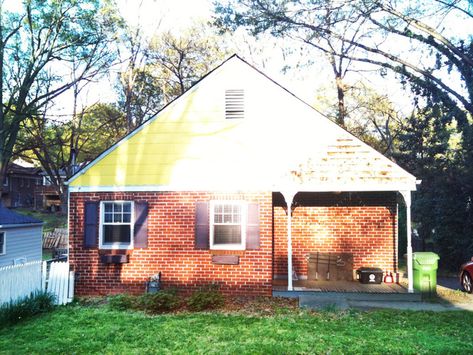 Ranch Home Updated for Great Curb Appeal Hidden Front Door Curb Appeal, Hidden Front Door, Front Door Curb Appeal, Home Remodeling Exterior, Shutter Colors, Exterior Color Palette, Budget Remodel, Brick Ranch, Exterior Renovation