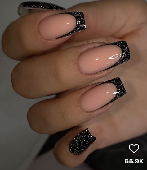 Prom Nails Silver And Black, Black And Sparkle Acrylic Nails, Sparkle Black Nails, Black Sparkle French Tip Nails, Nail Ideas For Black Dress, Black French Nails With Design, Black Glitter French Tip Nails, Elegant Nails Black, Shiny Black Nails