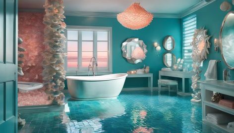 Immerse yourself in your own underwater kingdom with these enchanting mermaid bathroom decor ideas. Submerge your shower in mermaid-themed curtains for an instant splash of the ocean. Step onto soft, mermaid tail bath mats that transport you to a sea fantasy. Adorn your walls with ocean-inspired art, and let seashell soap dispensers and coral and turquoise towels infuse your space with mermaid magic. Illuminate your bathroom with underwater scene lighting, and don't forget the... Mermaid Bathroom Ideas, Scandi Office, Under The Sea Bathroom, Seashell Soap, Kitchen Tile Inspiration, Nautical Mirror, Underwater Kingdom, Sea Bathroom, Mermaid Shower Curtain