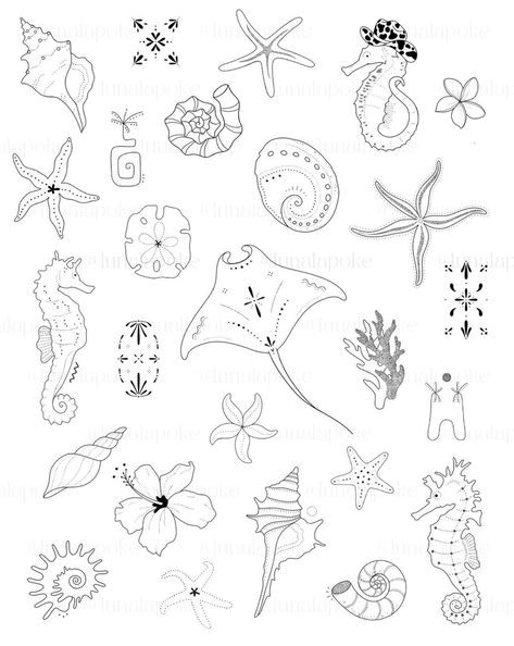 Ocean Sticker Sleeve Tattoo, Creative Fine Line Tattoos, Ornamental Ocean Tattoo, Starfish And Shell Tattoo, Cute Wave Tattoos, Beach Tiny Tattoo, Shell Spine Tattoo, Tiny Tattoos Beach, Small Beach Tattoos For Women Simple