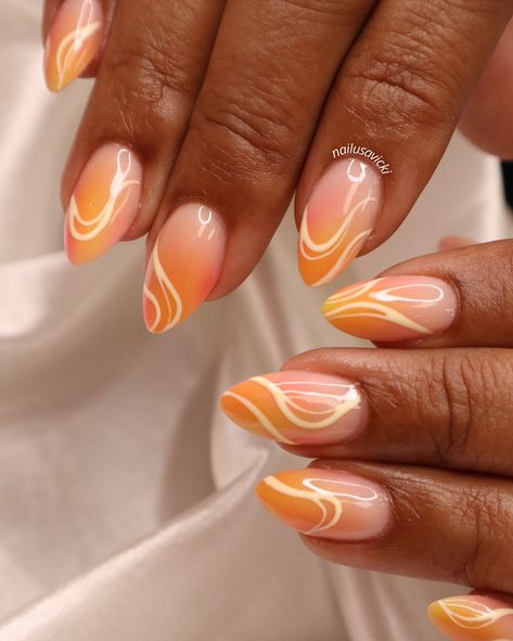 The summer sunset color combo is just too good🌅 . . . #nails #nailusa #nailart #naildesign #nailsofInstagram #naildesigns #nailsoftheday #naildesignsideas #acrylic #acrylicnails #raleigh #durham #raleighnails #trend #trendynails #nailinspo #springnails #summernails #funnails #colorfulnails #raleighnailtech Summer To Autumn Nails, Simple August Nails, Sunset Nails Acrylic, Sunset Color Nails, Cute Orange Nails, Purple Nails Almond, Simple Summer Nail Designs, Sunset Nail Art, Orange Summer Nails