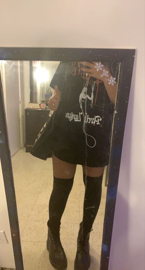 Thigh High Boots Outfit Alt, Grunge Emo Outfits, Thigh Boots Outfit, Fishnet Outfit, Thigh High Boots Outfit, Emo Outfit, Outfit Grunge, High Boots Outfit, Black High Boots