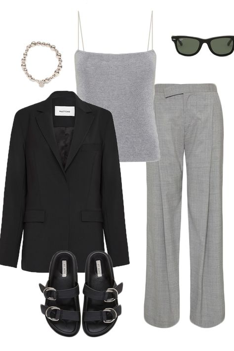 Grey tank, grey trousers, black blazer, black slides. Winter outfit idea Grey Winter Outfit, Harper Harley, Anna Quan, The Undone, Outfit Ideas Black, Androgynous Style, Gray Winter, Grey Trousers, Vanilla Girl