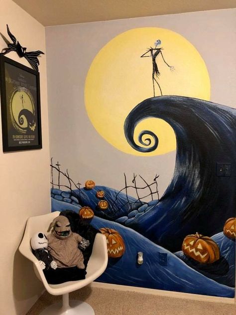 The Nightmare Before Christmas. Wall mural. 👽 𝔽๏ℓℓ๏ฬ ʏ๏ยя 𝔇𝕣єคϻ§ ∞ @rainmoneyy 💋 Jack Skellington Nursery, Nightmare Before Christmas Wall Painting, Fall Wall Mural, Nightmare Before Christmas Wall Decor, Nightmare Before Christmas Wall Art, Jack Skellington Bedroom Ideas, Jack Skellington Room Ideas, Nightmare Before Christmas Room Ideas Bedrooms, Nightmare Before Christmas Mural