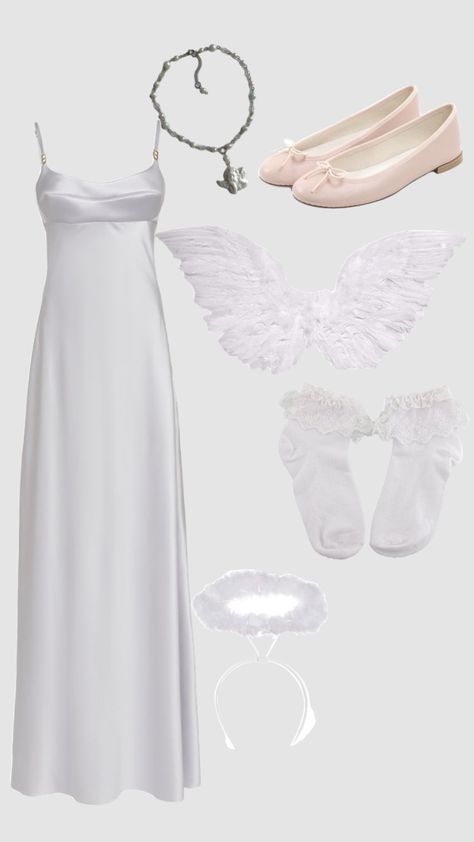 Angel Costume idea #costumeidea Angel Costume Long Dress, Christian Costume Ideas, Angel Costume Modest, Modest Angel Costume, Simple Angel Costume, Diy Angel Costume Women, White Dress Halloween Costume Ideas, Angelic Costume, Angel Outfit Costume