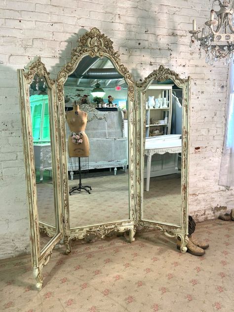 Antique Vintage Shabby Chic Triple Floor Mirror Antique Full Body Mirror, Classy Antique Decor, Trifold Mirror Repurposed, Vintage Makeup Display, Romantic Academia Home Decor, Thrift Finds Decor, Bridal Boutique Interior Design, French Victorian Decor, Angelcore Room