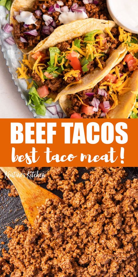 This easy taco recipe is made with perfectly seasoned ground beef and your favorite taco toppings. The whole family will love it when these tacos are on the menu! Taco Beef Seasoning, Instant Pot Taco Meat Ground Beef, Ground Beef Taco Seasoning Recipes, Taco Meat Recipes Beef, Ground Taco Meat Recipes, Ground Beef Tacos Mexican, Authentic Tacos Ground Beef, Ground Beef Tacos Recipes, Tacos With Ground Beef