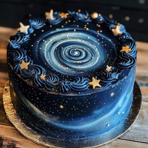 Night Sky Cake Ideas, Midnight Theme Cake, Starry Sky Cake, Celestial Cake Ideas, Celestial Birthday Theme, Celestial Cupcakes, Midnight Blue Cake, Sun And Moon Cake, Astronomy Cake