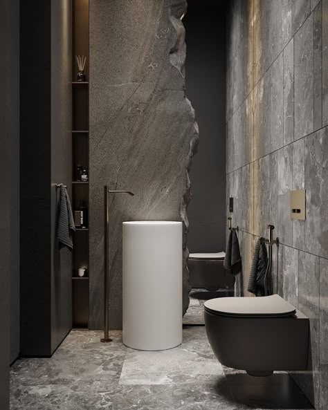 Drooling over this powder as I’m gathering inspo for my guest bathroom (updates coming soon 🙃) - Design by @cartelledesign Bali Bathroom, Modern Powder Room Design, Bathroom Design Styles, Wc Design, Restaurant Bathroom, Powder Bathroom, Neoclassical Interior, Best Bathroom Designs, Powder Room Design