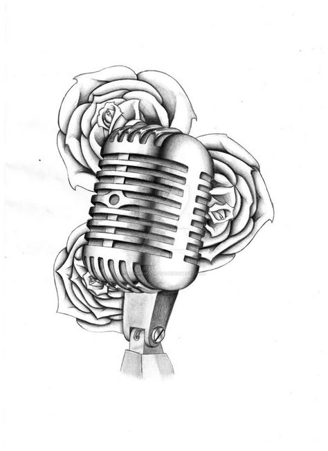 Grey Roses And Microphone Tattoo Drawing Old School Microphone Tattoo, Old School Microphone, Microphone Tattoo, Music Notes Tattoo, Abstract Art Projects, Tattoo Bird, Positive Morning, Cool Tattoo Drawings, Create Your Own Tattoo