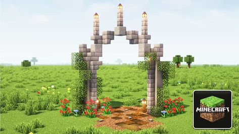 Minecraft Village Entrance Gate, Minecraft Fence Gate Designs, Minecraft Aesthetic Entrance, Entrances Minecraft Ideas, Minecraft Wedding Arch, Minecraft Stone Entrance, Minecraft Small Archway, Minecraft Path Way Ideas, Minecraft Farm Entrance