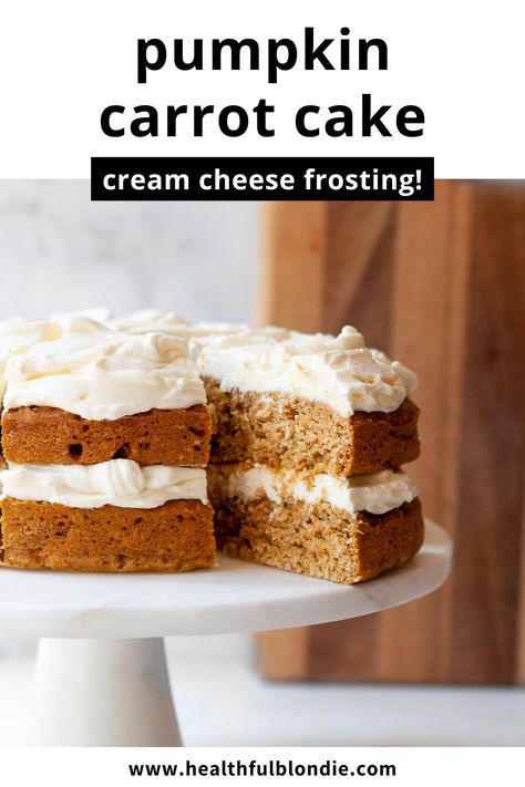 This easy-to-make pumpkin carrot cake is extra moist, pumpkin spiced, and naturally sweetened with maple syrup. Topped off with a homemade healthy cream cheese yogurt frosting, this fall-time cake has the softest crumb and is packed with toasted walnuts, grated carrot, and shredded coconut. Pumpkin Carrot Cake Cupcakes, Pumpkin Carrot Bundt Cake, Carrot Cake With Maple Syrup, Pumpkin Cake For 1st Birthday, Simple Syrup For Carrot Cake, Carrot Pumpkin Cake, Pumpkin Cake Healthy, Small Pumpkin Cake, Healthy Pumpkin Cake